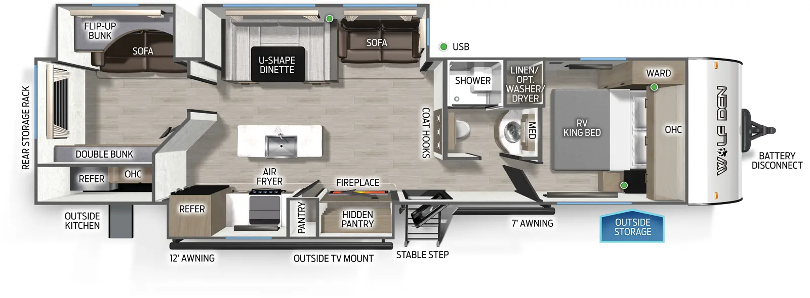 The Wolf Den 304SR floorplan has one entry and two slide outs. Exterior features include: metal exterior, 12' & 7' awning and outside kitchen. Interiors features include: bunk beds, kitchen island, u-dinette and front bedroom.